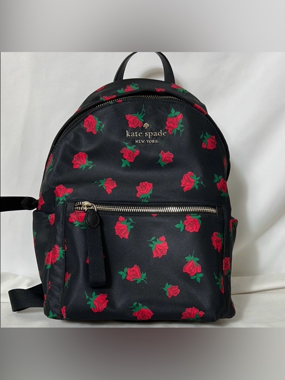 New with Tags Kate Spade Black and Red Floral Rose Medium Size Backpack